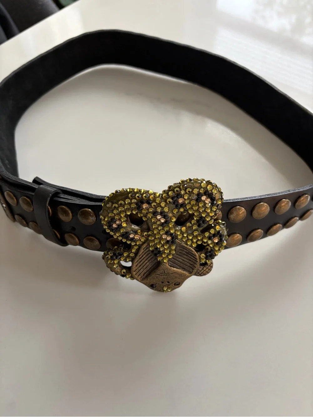 Bridget Shuster Studded Leather Belt Rhinestone Buckle Y2K Western Glam size 32